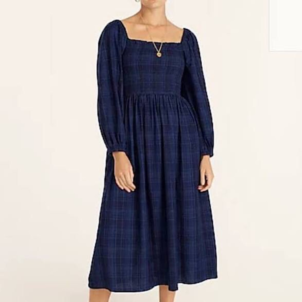 J. Crew smocked puff-sleeve dress in indigo plaid